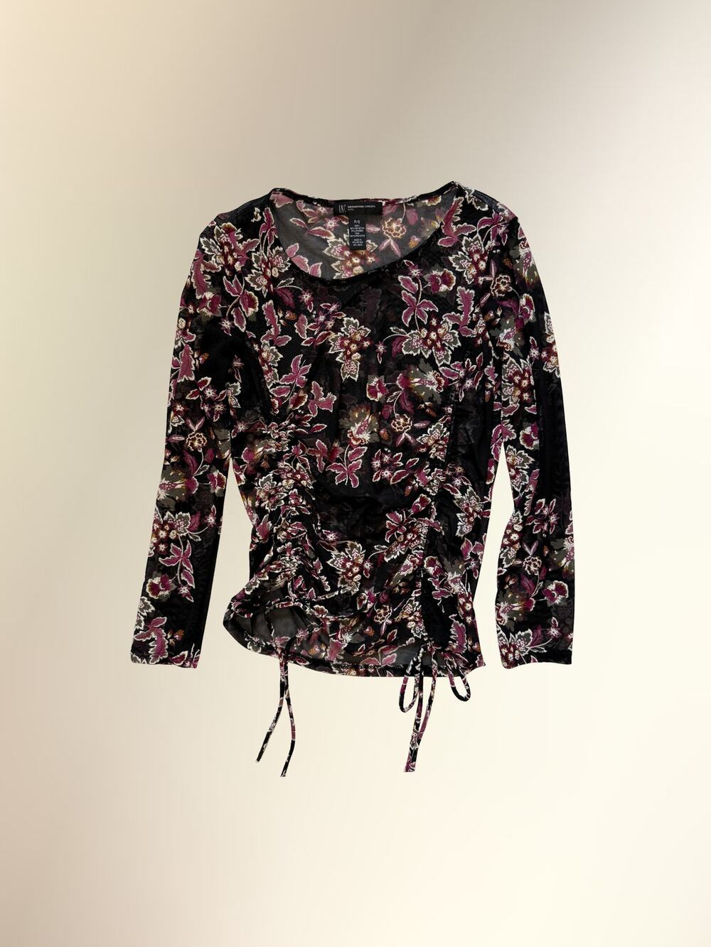 INC International Concepts Black Floral Mesh Ruched Tie Long Sleeve Top PS